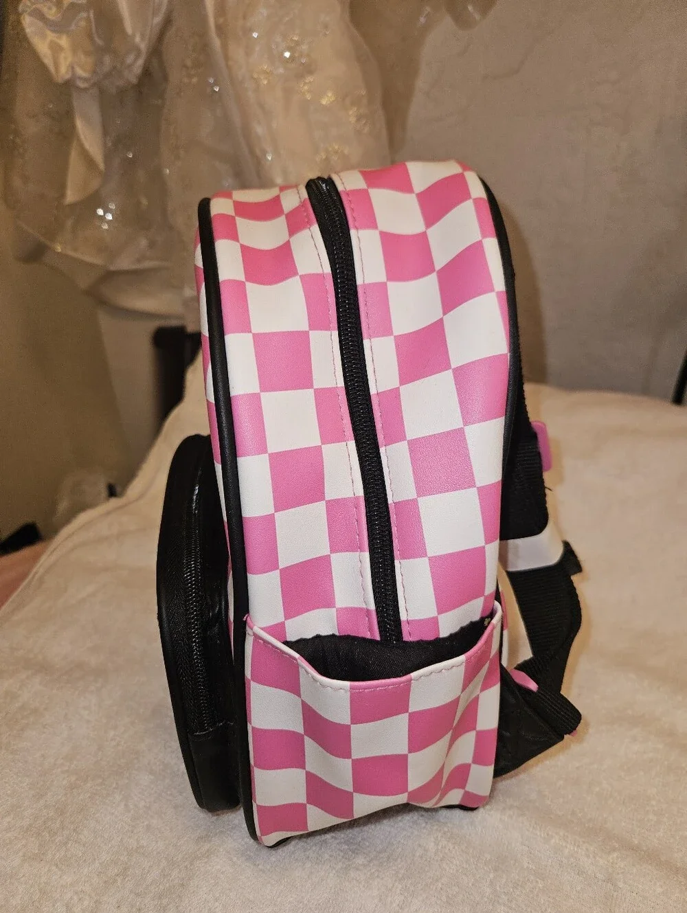 Barbie Pink and White Check Kids Backpack with Cassette Pocket